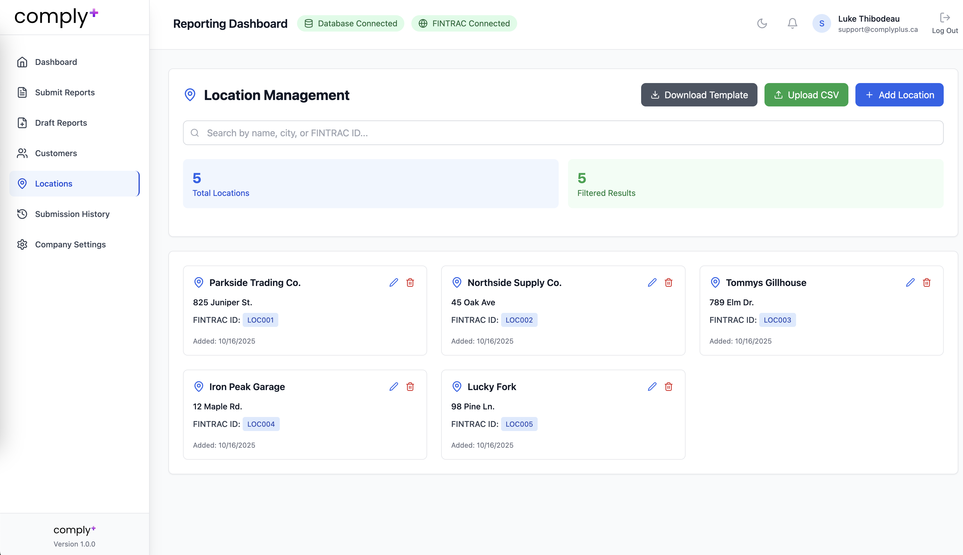 Locations grid showing names and FINTRAC Location ID badges.